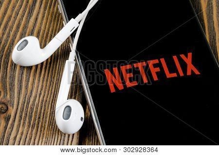Helsinki, Finland, May 4, 2019: Netflix Application Icon On Apple Iphone X Screen Close-up. Netflix 