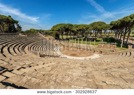 Ostia Antica - The Roman Theatre. Rome Italy, Unesco World Heritage Site. Roman Colony Founded In Th