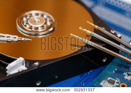 Components For Pc. Open Hard Disk Storage. Recovery And Storage Of Information. Magnetic Disks Insid