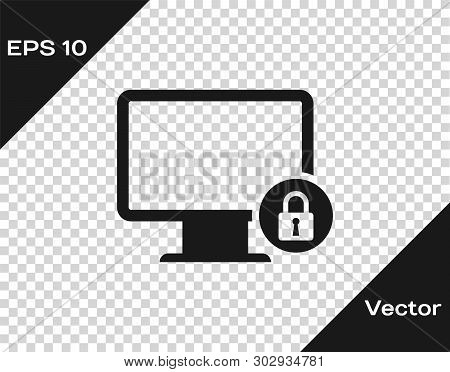 Grey Lock On Computer Monitor Screen Icon Isolated On Transparent Background. Monitor And Padlock. S