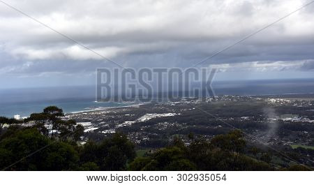View Of Coffs Harbour From Forest Sky Pier, Which Is A Lookout Pier With Sweeping Views On A Cloudy 
