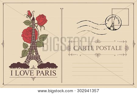 Retro Postcard With The Famous French Eiffel Tower In Paris, France. Vector Postcard In Vintage Styl