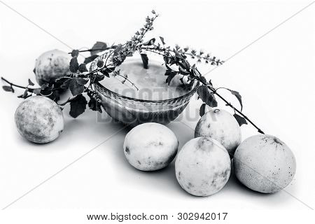 Lemon Face Pack Isolated On White I.e. Lime Juice Well Mixed With Tulsi Or Holy Basil's Juice.used F