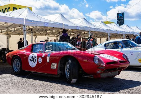April 2019: Bizzarrini 5300 Gt In Montjuic Spirit Barcelona Circuit Car Show.