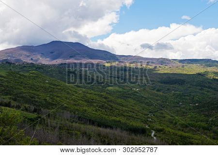 Beautiful Spring Landscape With Hills In Tuscany Countryside, Italy. Monte Amiata On Background
