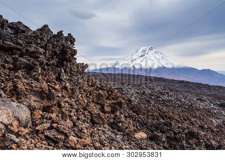 Snow- Capped Mount Bolshaya Udina, Volcanic Massive, One Of The Volcanic Complex On The Kamchatka Pe