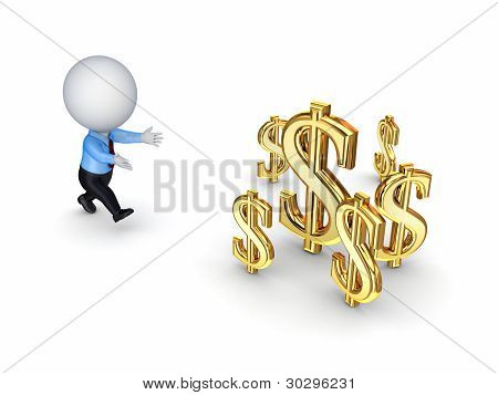 persona pequeña 3D a signos de dólar.