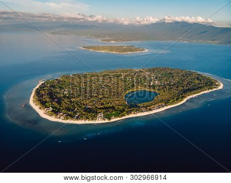 Aerial View With Gili Islands And Ocean, Drone Shot. Gili Meno, Gili Air And Lombok