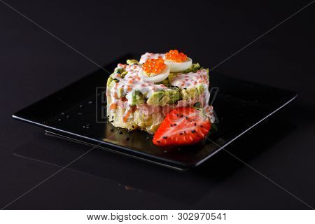 Round Salad Made Of Red Fish Potato And Avocado