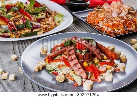 Food. Set Of Dishes On The Table. On A Wooden Background. Top View.