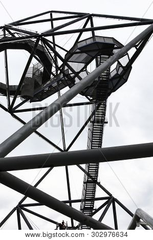 Incredible Steel Structure Of The Tetrahedron In Bottrop, Germany Taken From Below Against White Sky