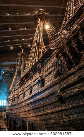 Stockholm, Sweden - April 20, 2019: Old Sailing Ship Vasa. Vasa Museum In Stockholm. View On Board T