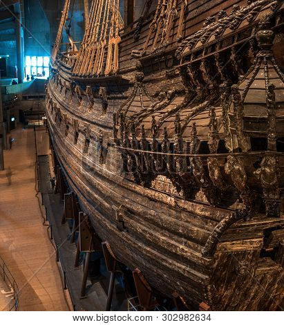 Stockholm, Sweden - April 20, 2019: Old Sailing Ship Vasa. Vasa Museum In Stockholm. View From The S