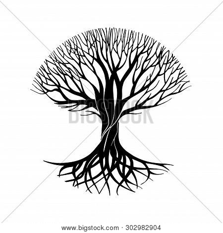 Tree Silhouette Circle Symbol, Sign, Logo, Emblem, Icon. Hand Drawn Tree Slylized, Vector Illustrati