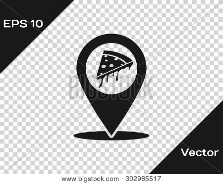 Grey Map Pointer With Fast Food Slice Pizza Icon Isolated On Transparent Background. Pizzeria Locati
