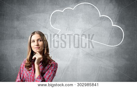 Brown Haired Woman Looks Pensive Upwards And Tries To Remember Something. Blank Speech Bubble Illust