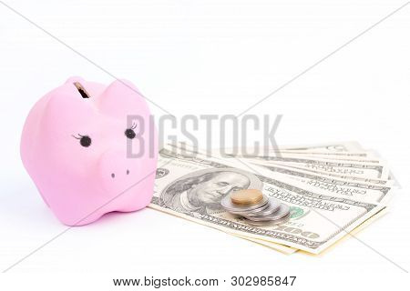 Gold Towers Made Out Of Gold And Silvery Coins, Stack Isolated On White. Savings Concept, Fundraisin