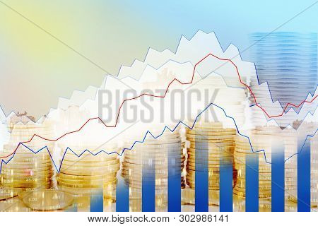 Double Exposure Of City, Stock Market And Graph On Rows Of Coins For Finance And Banking , Investmen