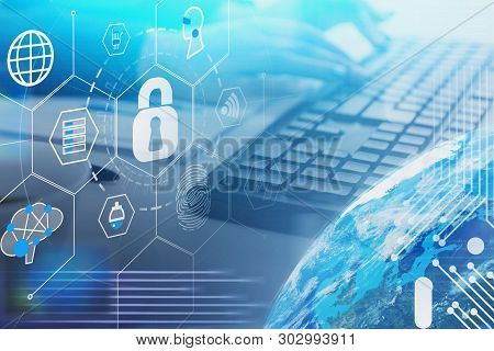 Woman Hands Typing On Keyboard At Table With Double Exposure Of Cyber Security Hud Interface And Pla
