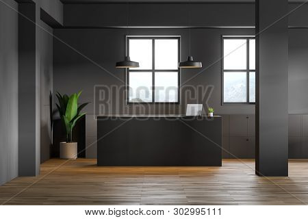 Reception Desk In Gray Office Interior