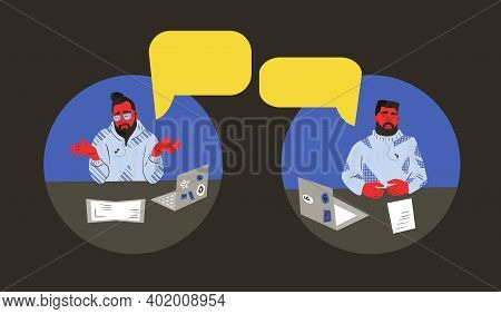 Business Parthes Participate In Online Meeting At Home. Men Sitting In Their Rooms And Talking About