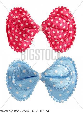 Two polka dot hair bows blue and pink isolated on white background