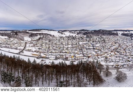 Snow In The Winter City Of Albstadt, A Beautiful Recreation Urban Area Of The Swabian Alb, Germany.