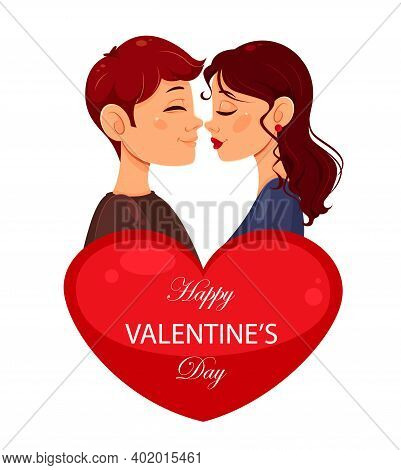 Happy Valentines Day Greeting Card. Romantic Couple Standing Behind Red Heart. Stock Vector Illustra