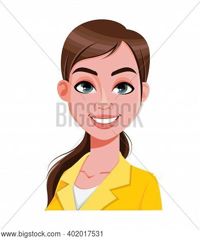 Stock Vector. Face Expression Of Beautiful Woman, Cheerful. Female Emotion. Cute Cartoon Character I