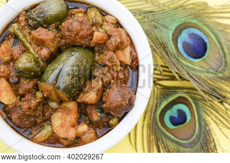 Indian Gujarati Special Dish Variety Undhiyu Or Undhiya Closeup With Yellow Background, Background D