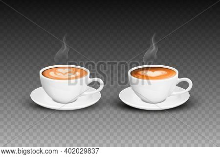 Vector 3d Realistic White Porcelain Ceramic Mug, Hot Milk Coffee, Foam, Flower, Heart Pattern And Sm