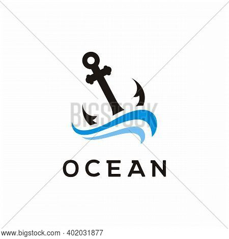 Anchor Silhouette With Waves For Boat Ship Navy Nautical Transport Logo Design