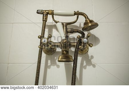 Antique Copper Style Bath Tube Faucet. Selective Focus