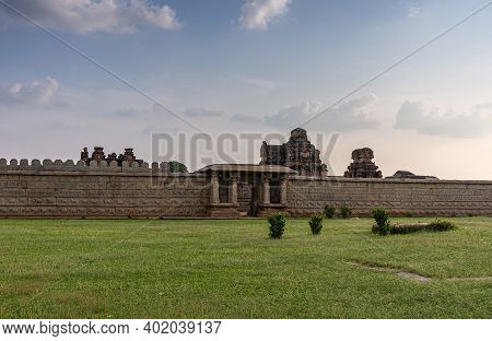 Hampi, Karnataka, India - November 4, 2013: Hazara Rama Temple. View From The North Offers Brown Sto
