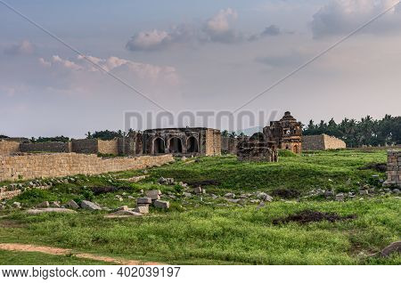Hampi, Karnataka, India - November 4, 2013: Landscape With Ruins Of 3-gate Mosque And Other Building