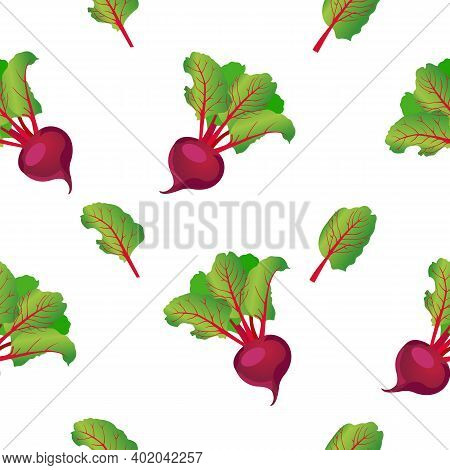 Seamless Pattern Of Purple Beets With Green Leaves. Vector Illustration Isolated On A Beige Backgrou