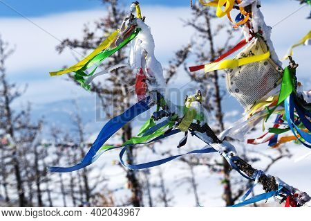 Febuary 28 2020, Siberia, Russia : The Buddhist Pray Of Enlightenment In Winter In Sunny Day At Ogoy