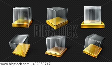 Plastic Or Glass Cube On Gold Base Various Angle View. Clear Square Box, Crystal Block, Aquarium Or 