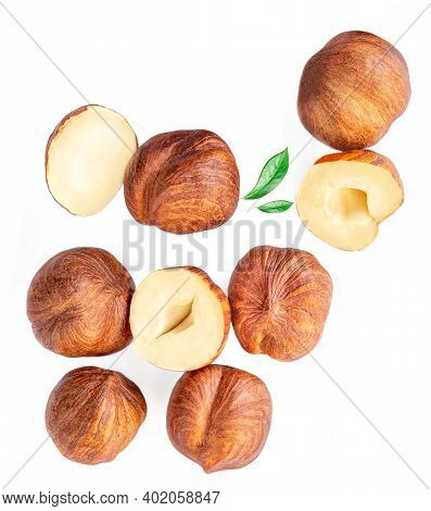 Hazelnuts Isolated On White Background. Top View. Flat Lay