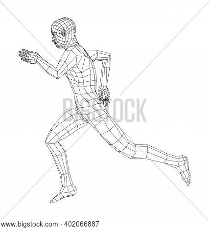Wireframe Running Man. Vector 3d Rendering. Man In Running Pose