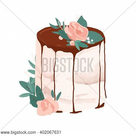 Wedding Or Birthday Dessert Decorated With Rose Flower, Leaves And Drippy Topping. Festive Layered C