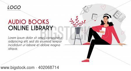 Horizontal Banner Header For Web Page Template For Online Audiobooks Library E-learning. Young Woman