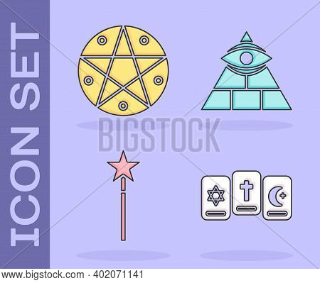 Set Three Tarot Cards, Pentagram In A Circle, Magic Wand And Masons Icon. Vector