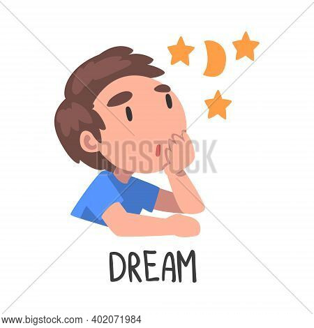 Dream Word, The Verb Expressing The Action, Children Education Concept, Cute Dreaming Boy Cartoon St