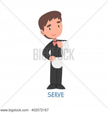 Serve Word, The Verb Expressing The Action, Children Education Concept Cartoon Style Vector Illustra