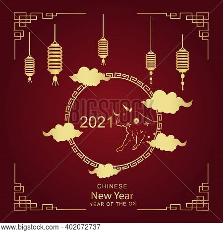 Chinese New Year 2021 Year Of Ox, Red And Gold Lanterns, Flowers And Asian Elements On A Craft Style