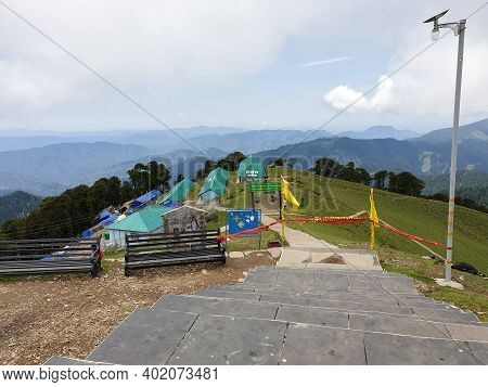 Mandi, Himachal Pradesh, India - July 05 2020: Beautiful View Of Mountains From Shikari Devi Temple,