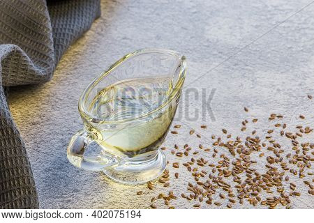 Vegetable Linseed Oil Natural Antioxidant, Flaxseed, Salad Dressing In A Glass Gravy Boat, Source Of