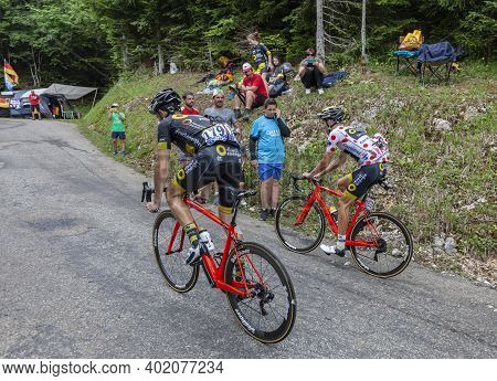 Le Bourget-du-lac, France - July 9, 2017: Two Cyclists, Angelo Tulik And The Polka Dot Jersey, Lilia