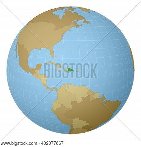 Globe Centered To Dominicana. Country Highlighted With Green Color On World Map. Satellite Projectio